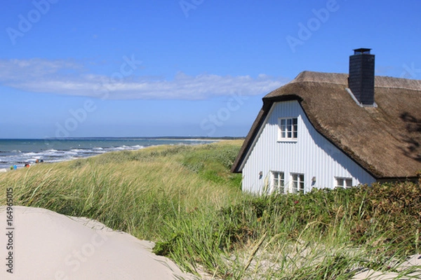 Fototapeta ein Reetdachhaus in den Dünen der Ostsee lädt ein zum Urlaub am Meer unter blauem Himmel