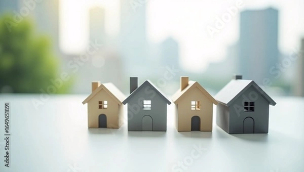 Obraz Four small wooden houses in a row, with a blurred city skyline in the background, symbolizing real estate or urban living.