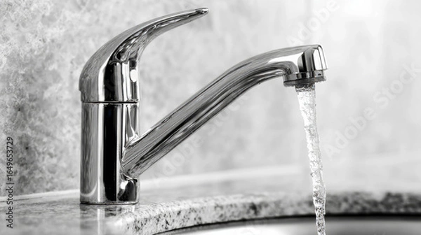 Fototapeta Modern kitchen faucet mounted on the sink of stone isolated on white background 