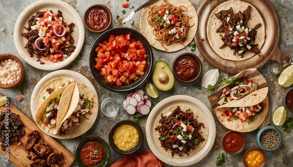 Fototapeta Photo of overhead shot of a variety of delicious tacos and toppings arranged on a rustic table ready to be served