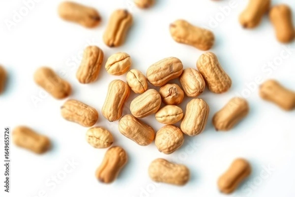 Fototapeta Assorted light brown pili nuts are centrally grouped surrounded by scattered nuts on a white background