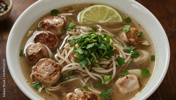 Obraz Photo of delicious bowl of vietnamese pho noodle soup with grilled pork scallops and fresh herbs for a tasty meal