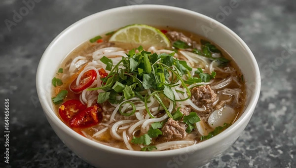 Obraz Photo of a flavorful bowl of vietnamese pho with beef, noodles, and fresh herbs, a culinary delight that is both comforting and aromatic