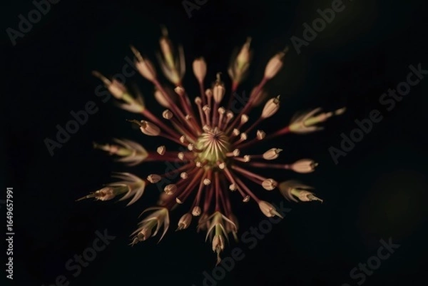 Fototapeta Closeup of spherical plant structure with radiating stems and buds set against a dark shadowy backdrop
