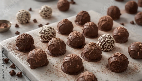 Obraz Photo of delicious chocolate truffles arranged on a white marble board for a sweet and decadent dessert indulgence