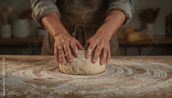 Obraz Photo of close up of a woman kneading dough on a wooden table for baking bread or pastry in a rustic kitchen