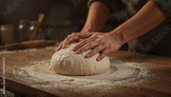 Obraz Photo of close up of woman kneading dough on wooden table preparing homemade bread in rustic kitchen