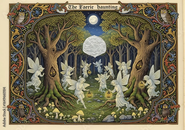 Obraz Illustration of fairies in a forest under a full moon with decorative border and owl details