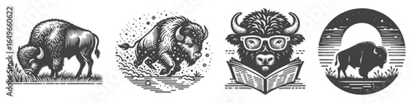 Fototapeta Vintage Hand-Drawn Bison Running Illustration, Animal Engraved Vector for Wildlife and T-Shirt Design