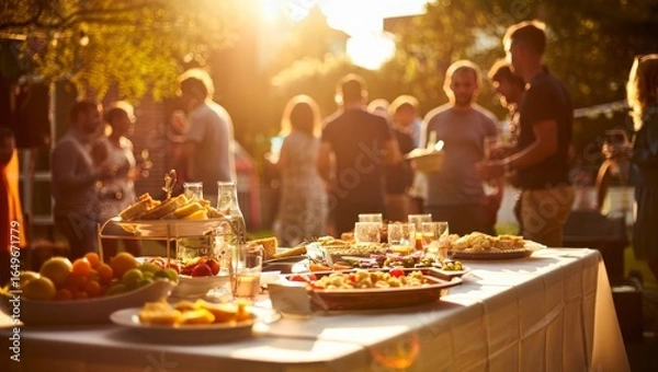 Obraz Outdoor Buffet Table with Guests at a Party