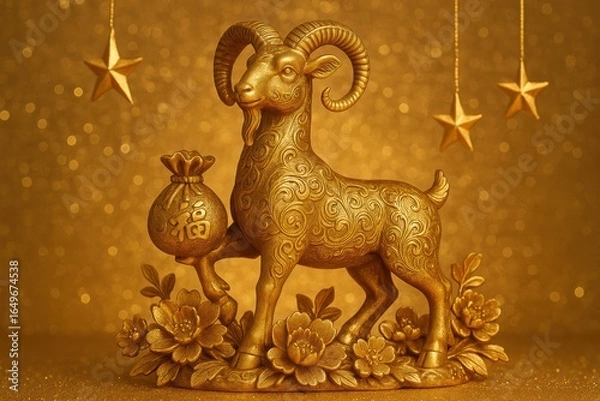 Fototapeta Golden goat figurine with money bag. AI Generative.