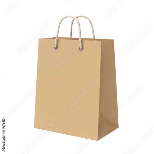 Fototapeta A plain, light brown paper shopping bag with white rope handles, isolated against a black background. This image features a transparent background, making it versatile for various design projects.