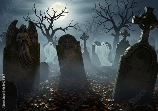Obraz A spooky graveyard scene with ghosts tombstones angel statue and a full moon on a foggy night sky