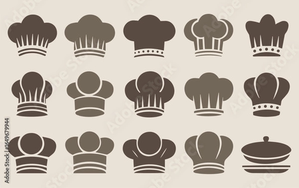 Obraz Array of sixteen stylized chef hat icons in various shapes and styles, arranged in four rows on a beige background. The icons vary in color tones.