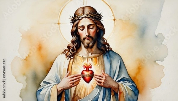 Fototapeta Sacred Heart of Jesus Watercolor Painting - Religious Art