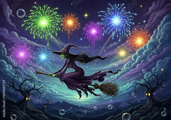Fototapeta A witch flying on her broomstick with fireworks in the night sky and spooky trees below her path