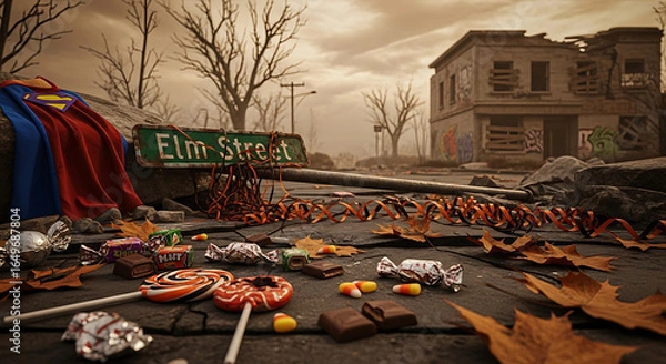 Obraz A halloween scene with elm street sign superman cape and candy on a desolate street with ruined building