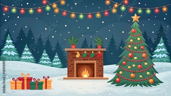 Fototapeta Fire place with gift and Xmas tree outside the house, cartoon style art