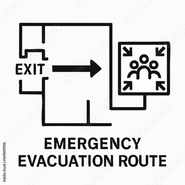 Fototapeta A clear black and white icon illustrating an emergency evacuation route, showing the exit, directional arrow, and a safe assembly point for people.