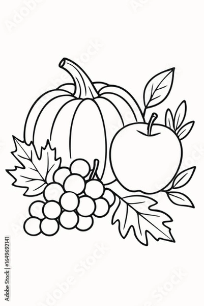 Fototapeta A line art illustration featuring classic autumn harvest elements like a pumpkin, apple, grapes, and fall leaves, perfect for coloring pages or seasonal designs.