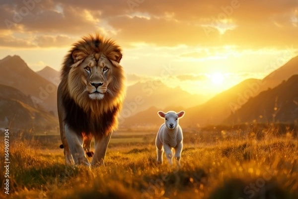 Fototapeta Majestic Lion and Gentle Lamb - Symbolic Harmony at Sunset