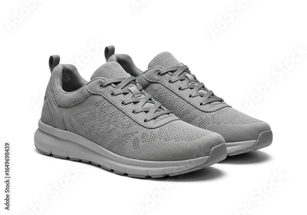 Fototapeta A pair of gray athletic shoes with laces and a textured upper sitting on a white background studio shot