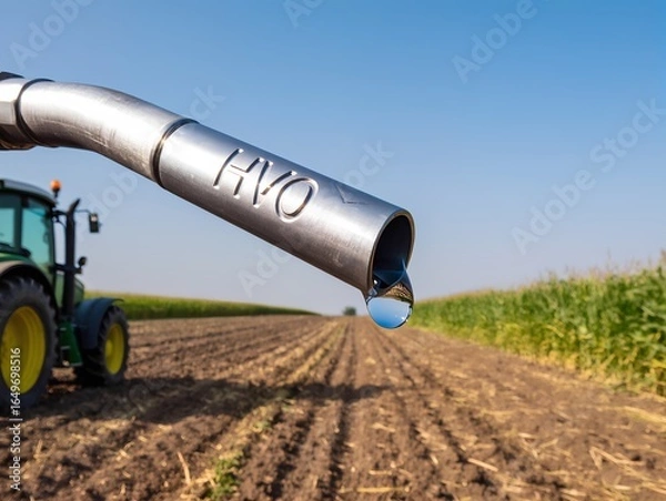 Fototapeta Close-up HVO nozzle with droplet, background of a tractor in a large agricultural field, sunny day, high detail realism