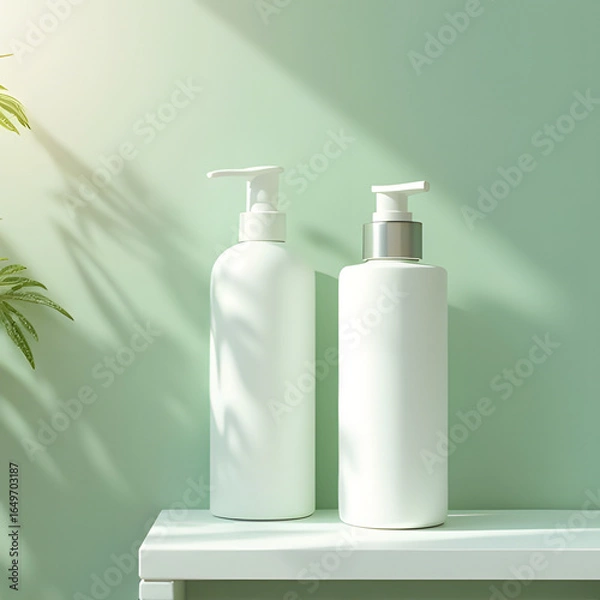 Obraz AI-Generated mockup of a cosmetic bottle with a pump dispenser, placed on a bathroom shelf, evoking a spa-like atmosphere with white and green tones.