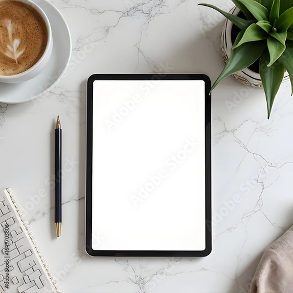 Obraz AI-generated flat-lay mockup of a tablet device on a marble countertop, featuring a creative and artistic setup