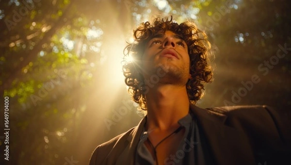 Fototapeta Man Looking Up at Sunlight Through Forest Canopy - Serene Nature Portrait