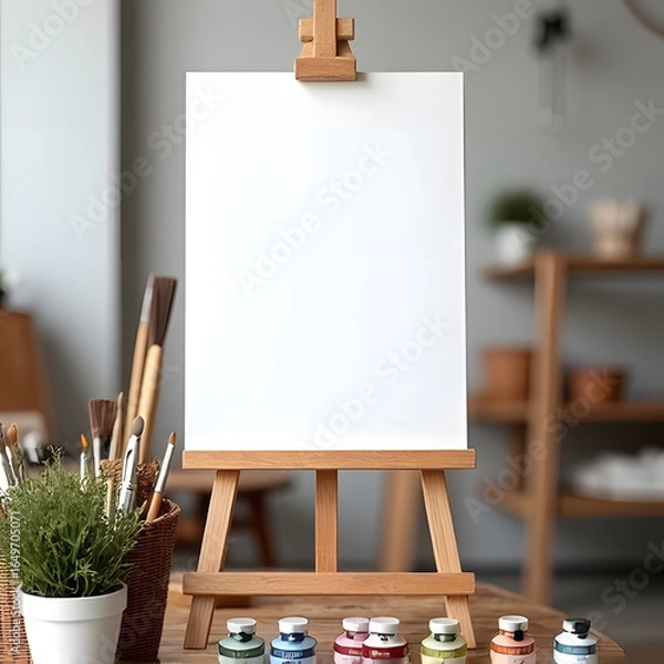 Obraz AI-generated blank Canvas on Easel Mockup in Bright Art Studio with Brushes and Paint Tubes.