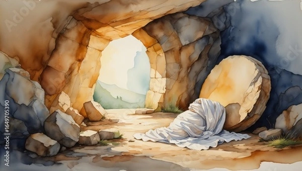 Fototapeta Empty Tomb with Figure in White - Watercolor Illustration of Resurrection Scene