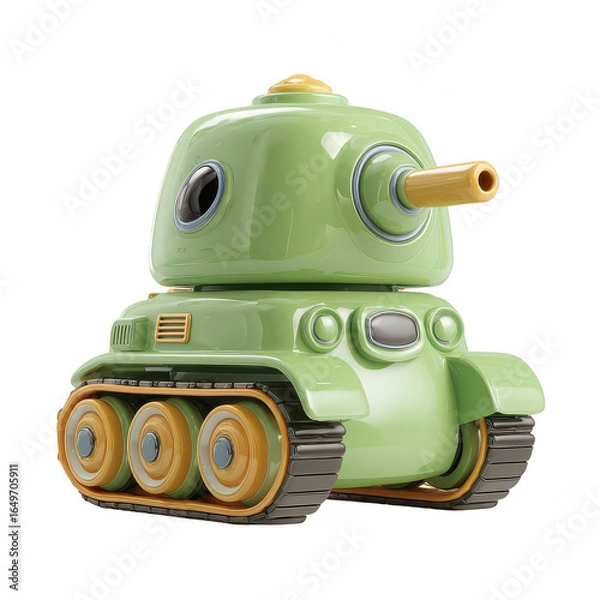 Fototapeta Cute green toy tank with yellow cannon and wheels, designed with glossy finish and child friendly style, perfect for playful and imaginative war game concepts