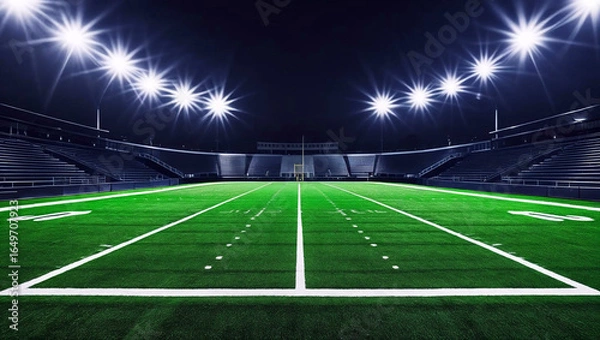 Fototapeta An empty football stadium at night with bright floodlights illuminating the lush green field
