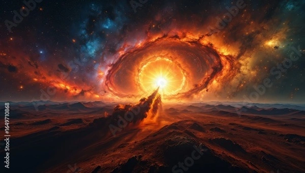 Fototapeta Cosmic Dawn: Surreal Landscape with Fiery Sky and Alien Mountain Range