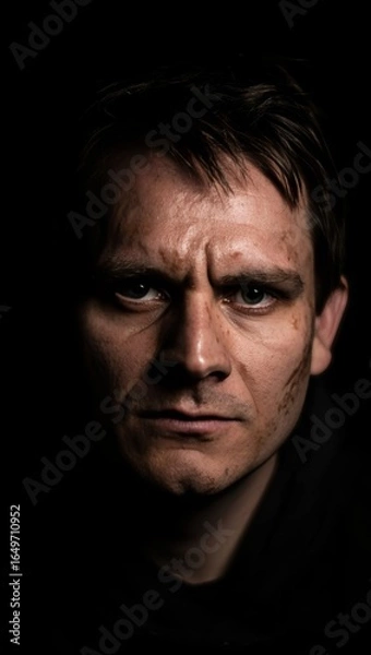Fototapeta Dramatic Portrait of a Man Emerging from Darkness, Intense Gaze