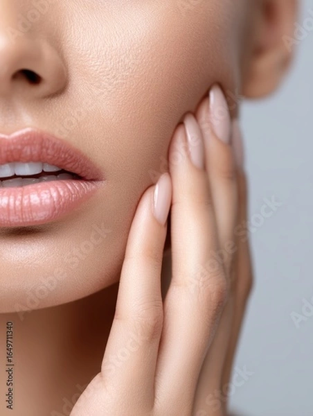 Fototapeta A close-up of a woman's face, showcasing flawless skin, soft lips, and manicured nails, with a gentle hand touch, emphasizing beauty and skincare.