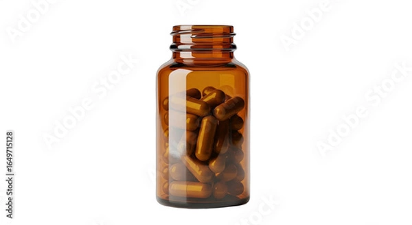 Obraz Transparent amber bottle filled with dietary capsules, showcasing dietary supplements for health, wellness, and nutrition, isolated on white background