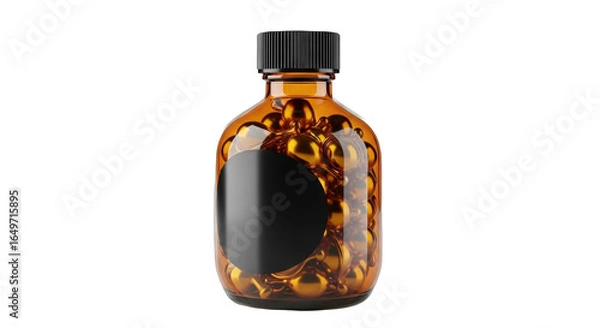 Obraz Brown glass bottle filled with round capsules showcasing a black label, ideal for health supplements or pharmaceutical products in a clear view