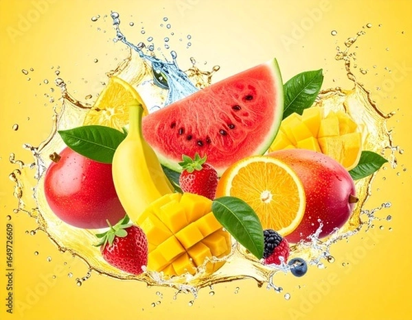 Fototapeta Fresh looking of tropical fruits in fun display with splashes of water and yellow background
