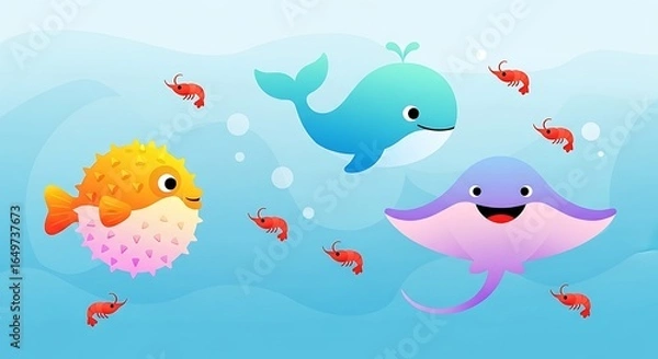 Fototapeta Whimsical Underwater Scene Featuring Cartoon Whale, Pufferfish, and Smiling Ray with Shrimp