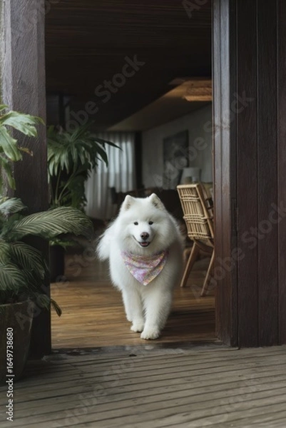 Fototapeta Fluffy white Samoyed dog walks through a doorway with a pastel bandana in a welcoming indoor space