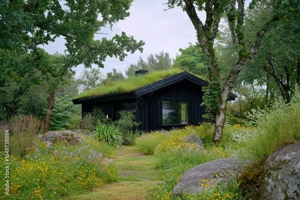 Obraz Small black timber house with a green roof surrounded by a lush garden, showcasing nature's beauty in a serene setting