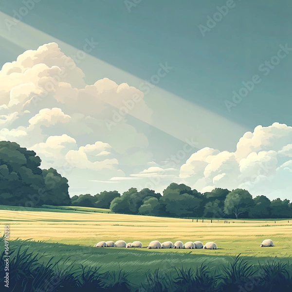 Obraz green field with sheep