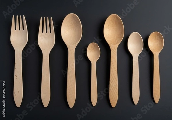 Fototapeta Arrangement of wooden forks and spoons of varying sizes on a plain surface for a clean aesthetic
