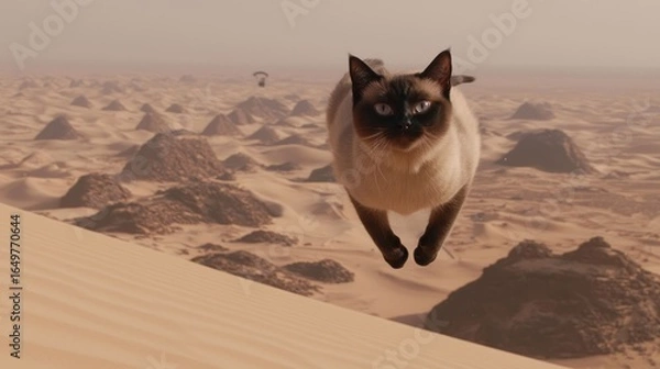 Fototapeta Siamese Cat Soaring Over Desert Pyramids: An Ethereal Journey