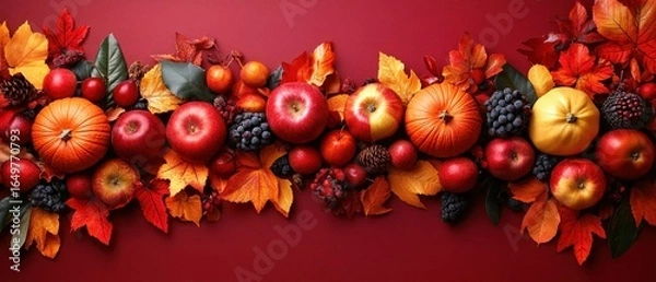 Fototapeta Autumn Harvest Abundance: A Festive Thanksgiving Display of Apples, Pumpkins, and Fall Foliage