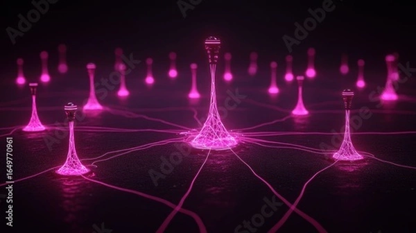 Fototapeta Futuristic Network: Interconnected Nodes in a Pink Glow