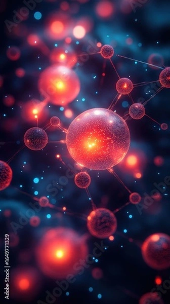 Fototapeta Abstract Molecular Structure: Red and Blue Glowing Spheres Interconnected in a Network