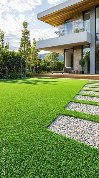 Fototapeta Modern House with Artificial Grass Lawn and Stone Pathway